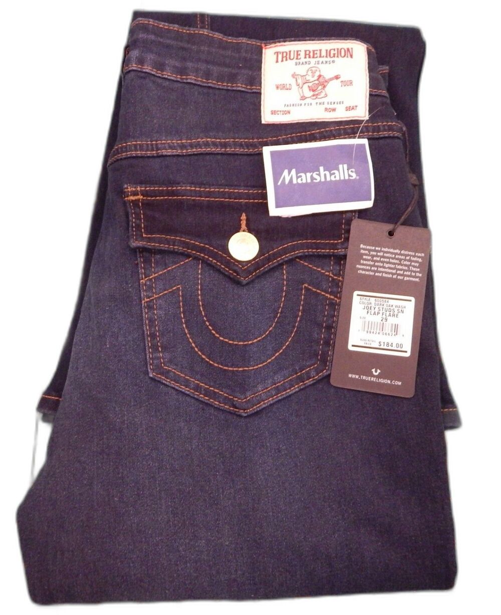 True Religion WOMENS 29/30 X 33 Joey Studs SN Flap Flare MID RISE DIST Jeans NWT